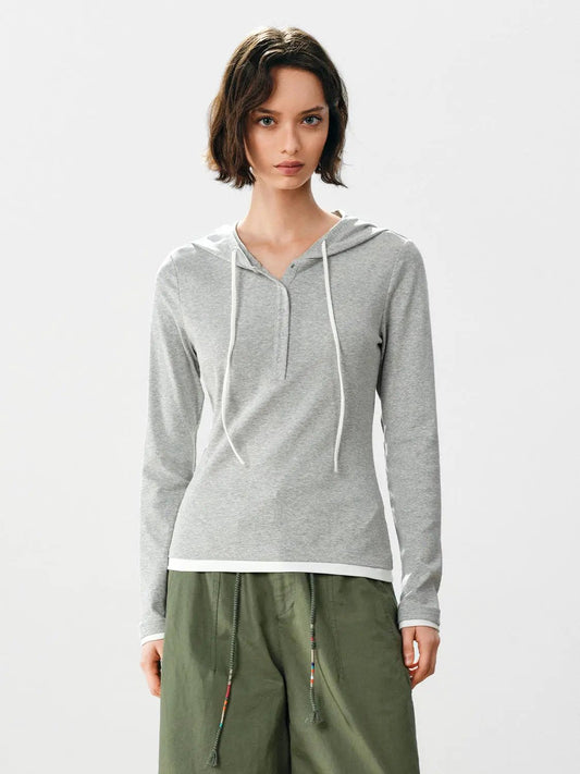 Hooded Long Sleeve Layered Cotton Blend Sweatshirt