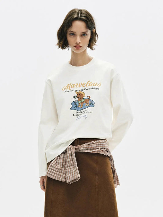Graphic Print Crew Neck Long Sleeve Cotton T-Shirt