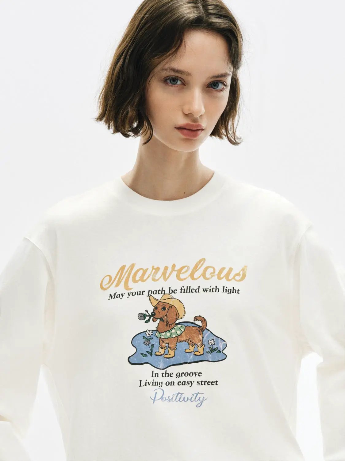 Graphic Print Crew Neck Long Sleeve Cotton T-Shirt