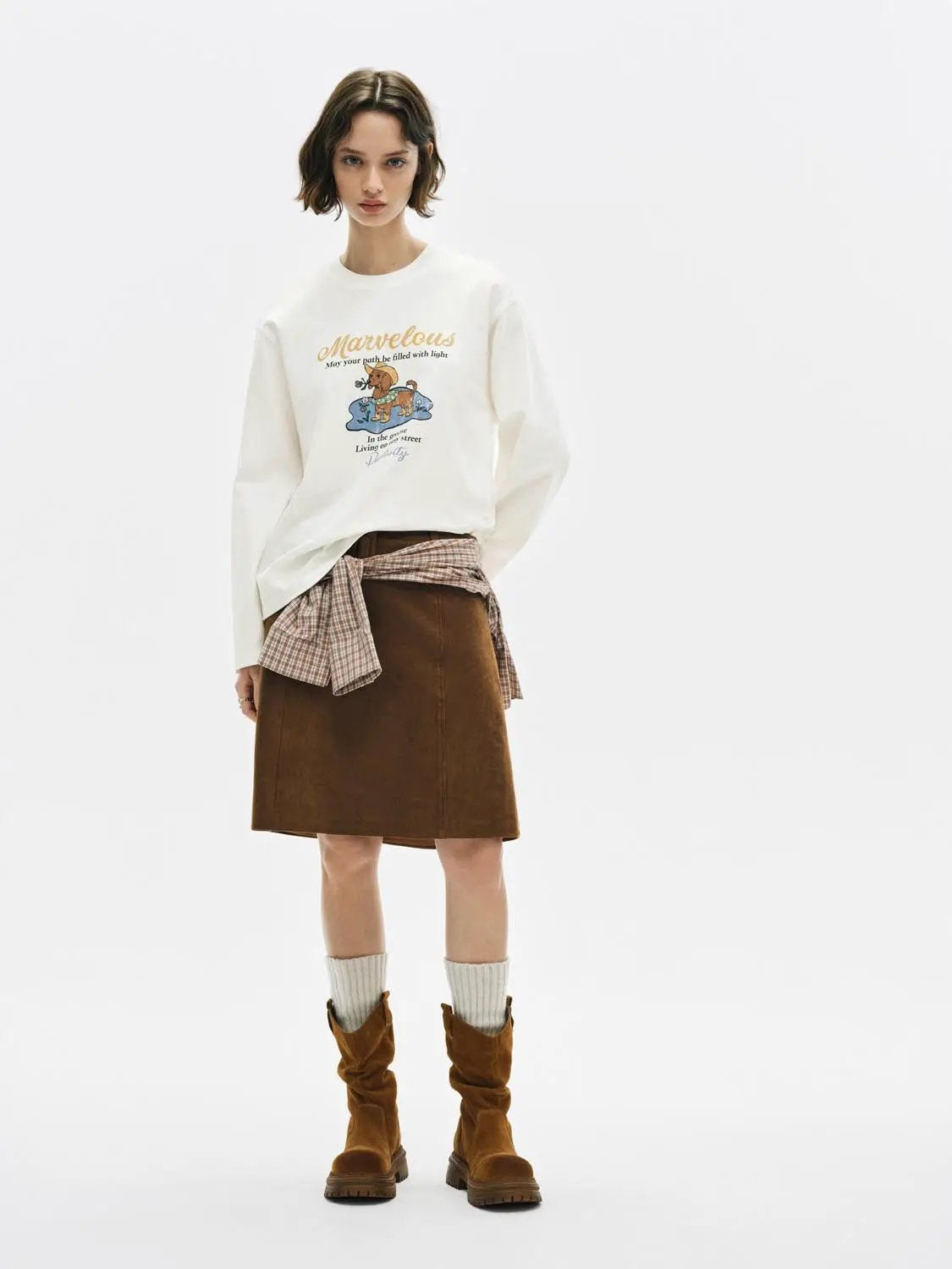 Graphic Print Crew Neck Long Sleeve Cotton T-Shirt