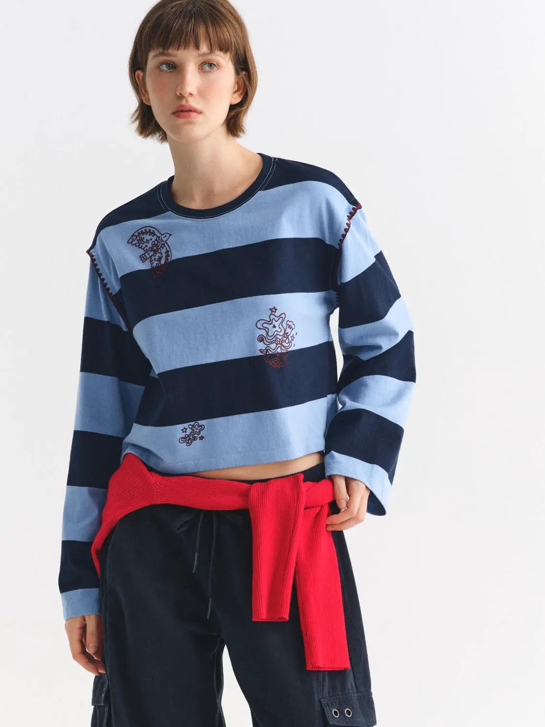 Embroidered Striped Crew Neck Long Sleeve Cotton T-Shirt