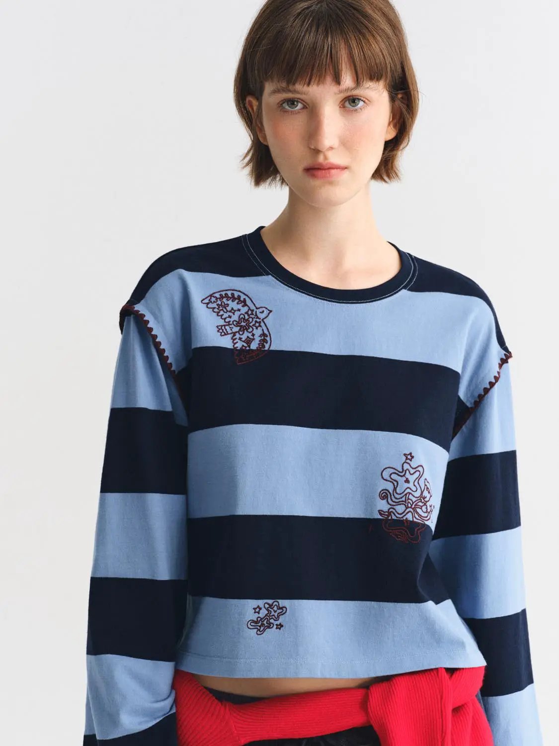 Embroidered Striped Crew Neck Long Sleeve Cotton T-Shirt
