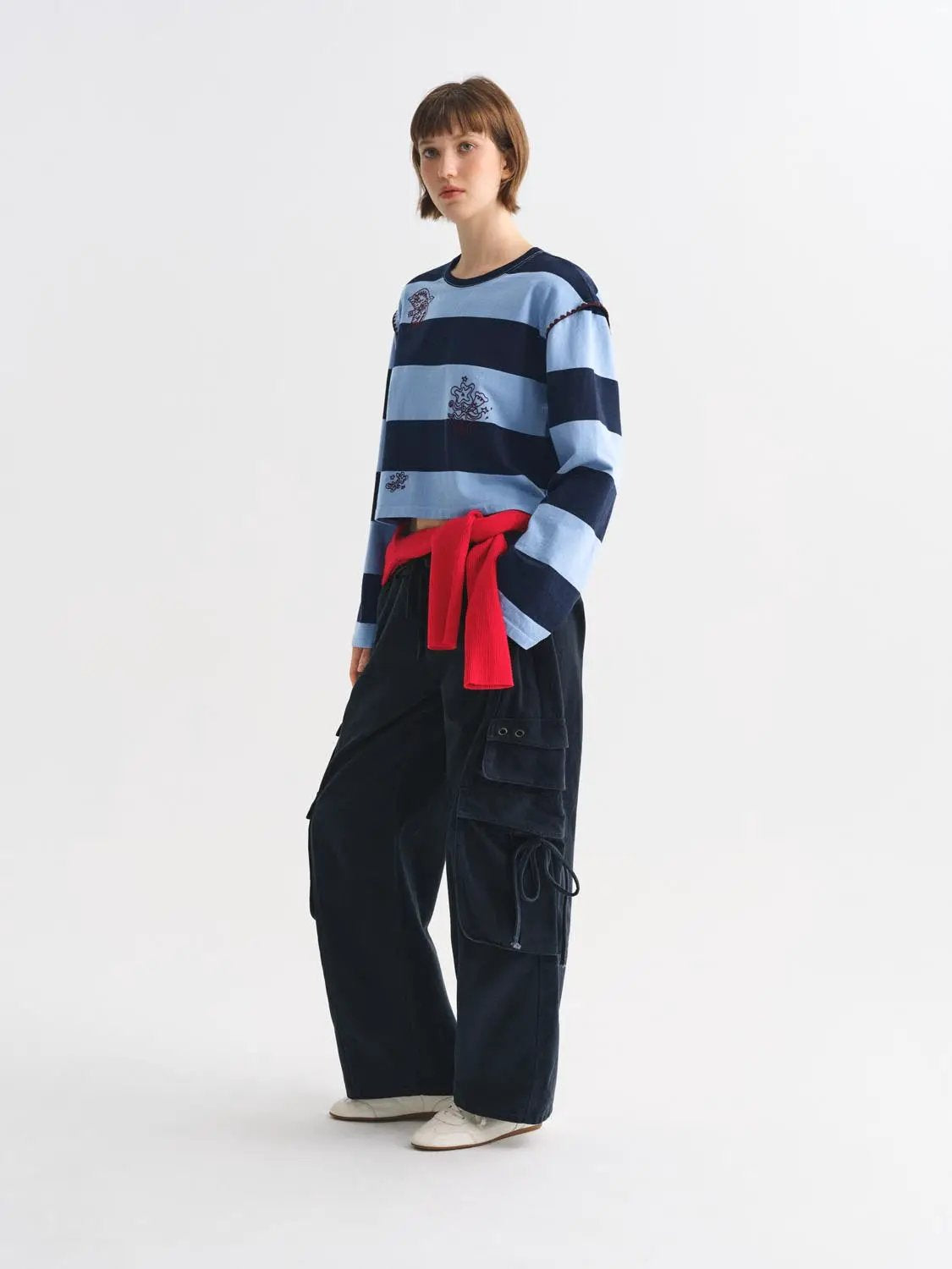 Embroidered Striped Crew Neck Long Sleeve Cotton T-Shirt