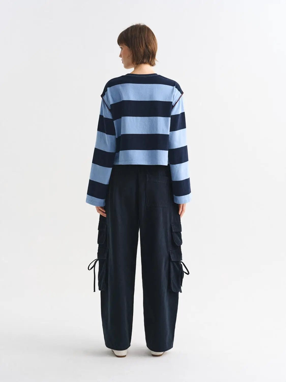 Embroidered Striped Crew Neck Long Sleeve Cotton T-Shirt