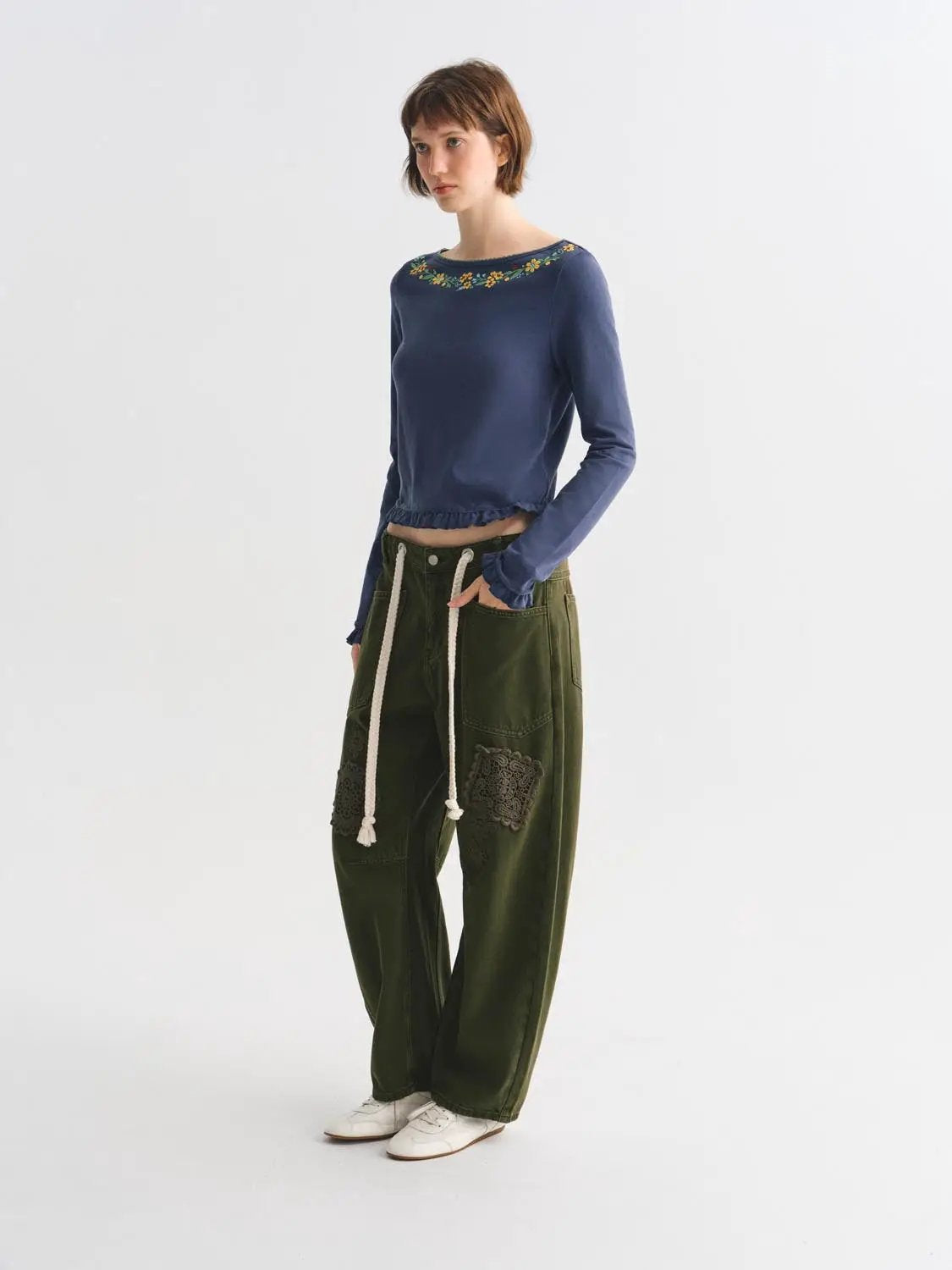 Floral Embroidered Ruffle Hem Long Sleeve Cotton Blend T-Shirt