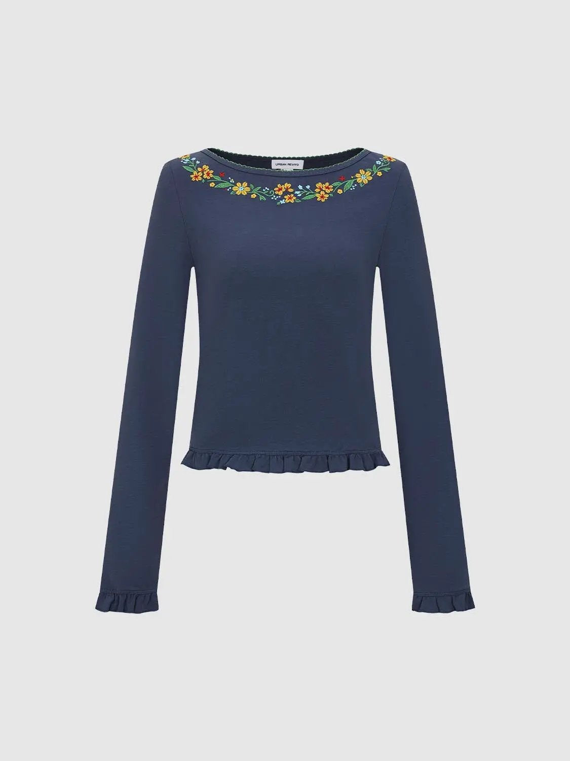 Floral Embroidered Ruffle Hem Long Sleeve Cotton Blend T-Shirt