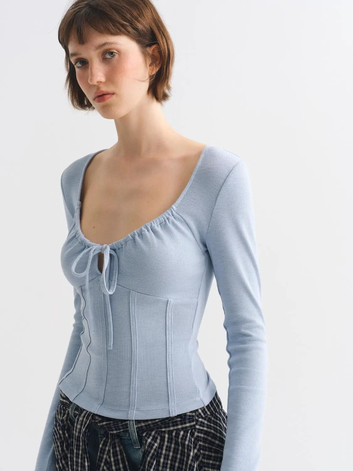 Ribbed Long Sleeve Square Neck Tie Front T-Shirt
