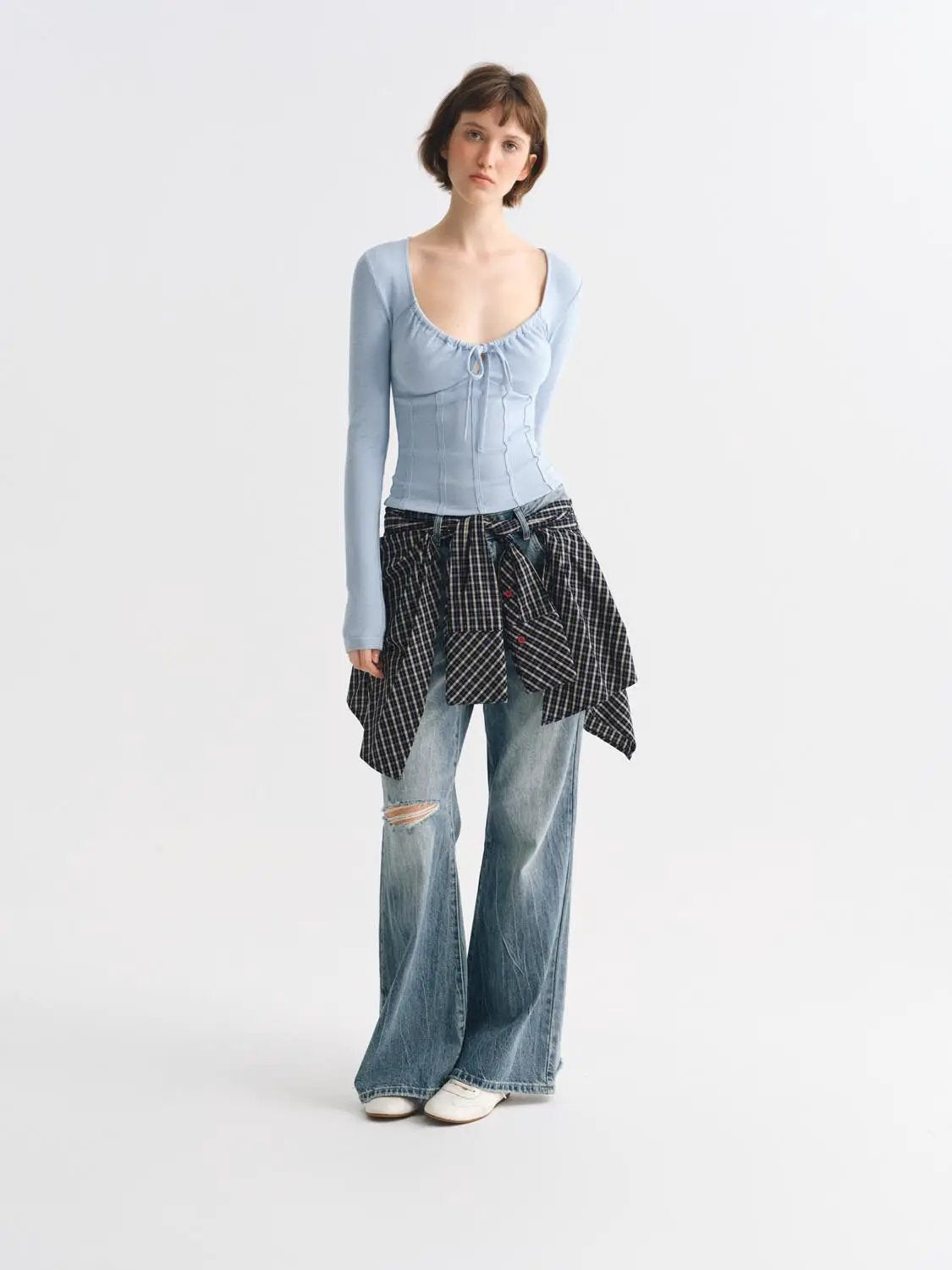 Ribbed Long Sleeve Square Neck Tie Front T-Shirt
