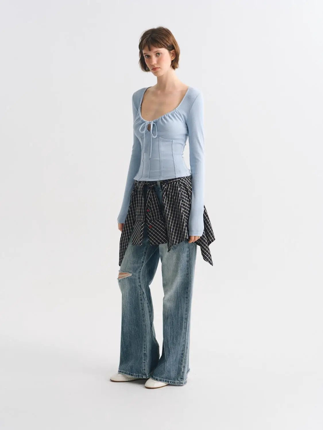 Ribbed Long Sleeve Square Neck Tie Front T-Shirt