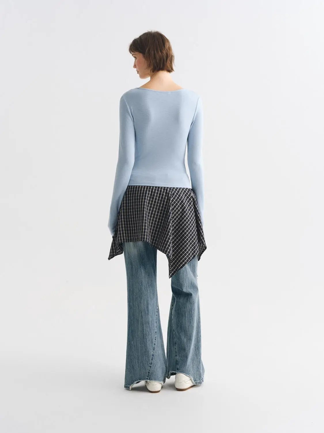 Ribbed Long Sleeve Square Neck Tie Front T-Shirt