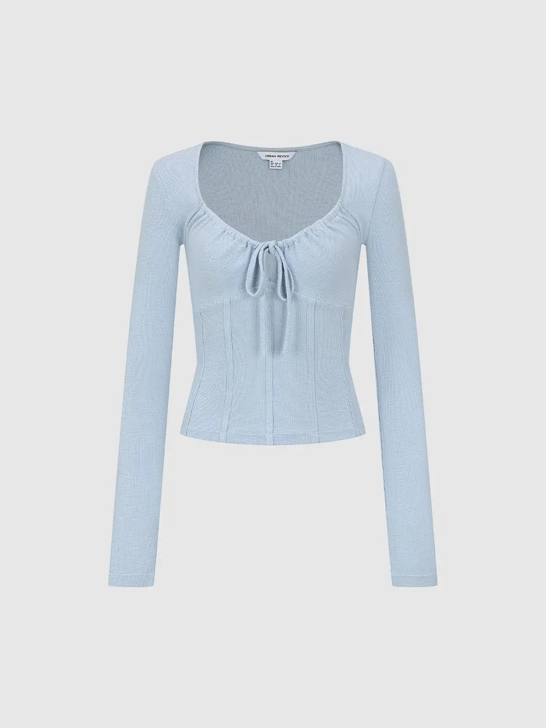 Ribbed Long Sleeve Square Neck Tie Front T-Shirt