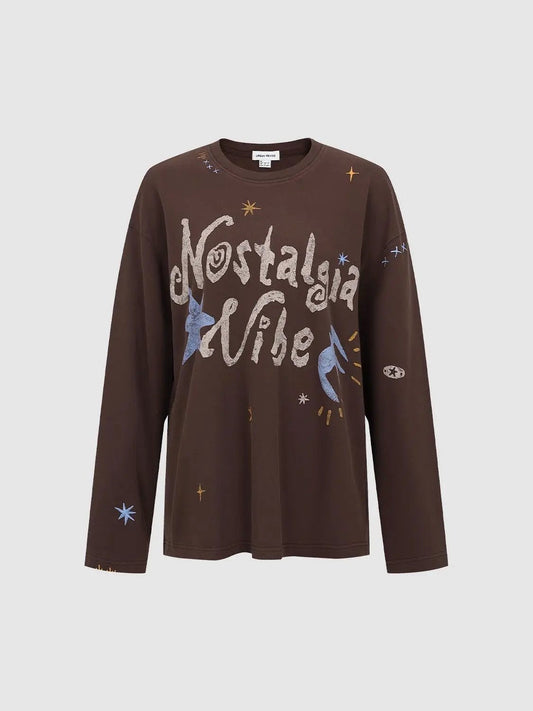 Embroidered Graphic Print Long Sleeve Cotton Crew Neck Oversized T-Shirt