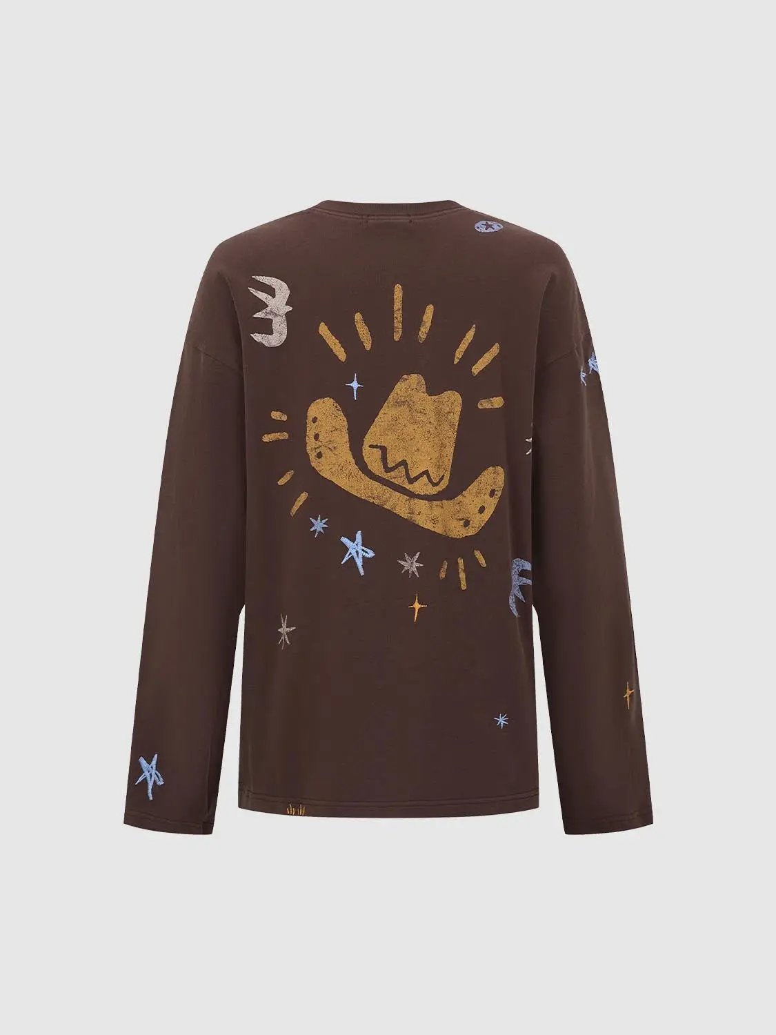 Embroidered Graphic Print Long Sleeve Cotton Crew Neck Oversized T-Shirt