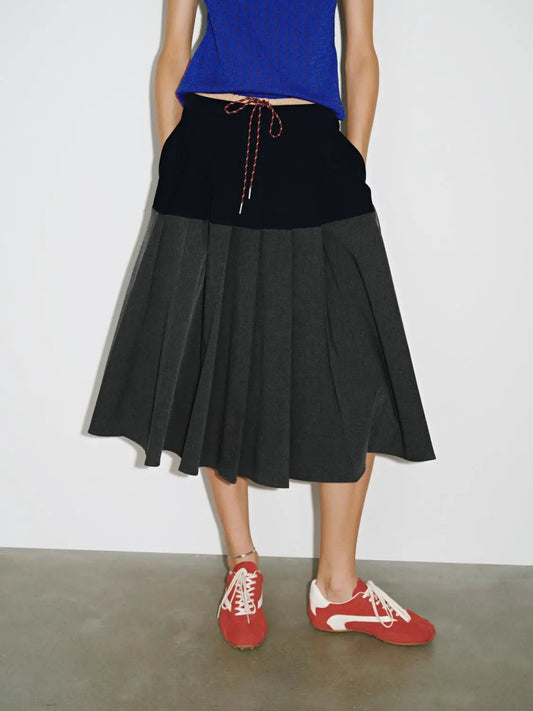 Color Block Drawstring Waist Pleated A Line Midi Skirt