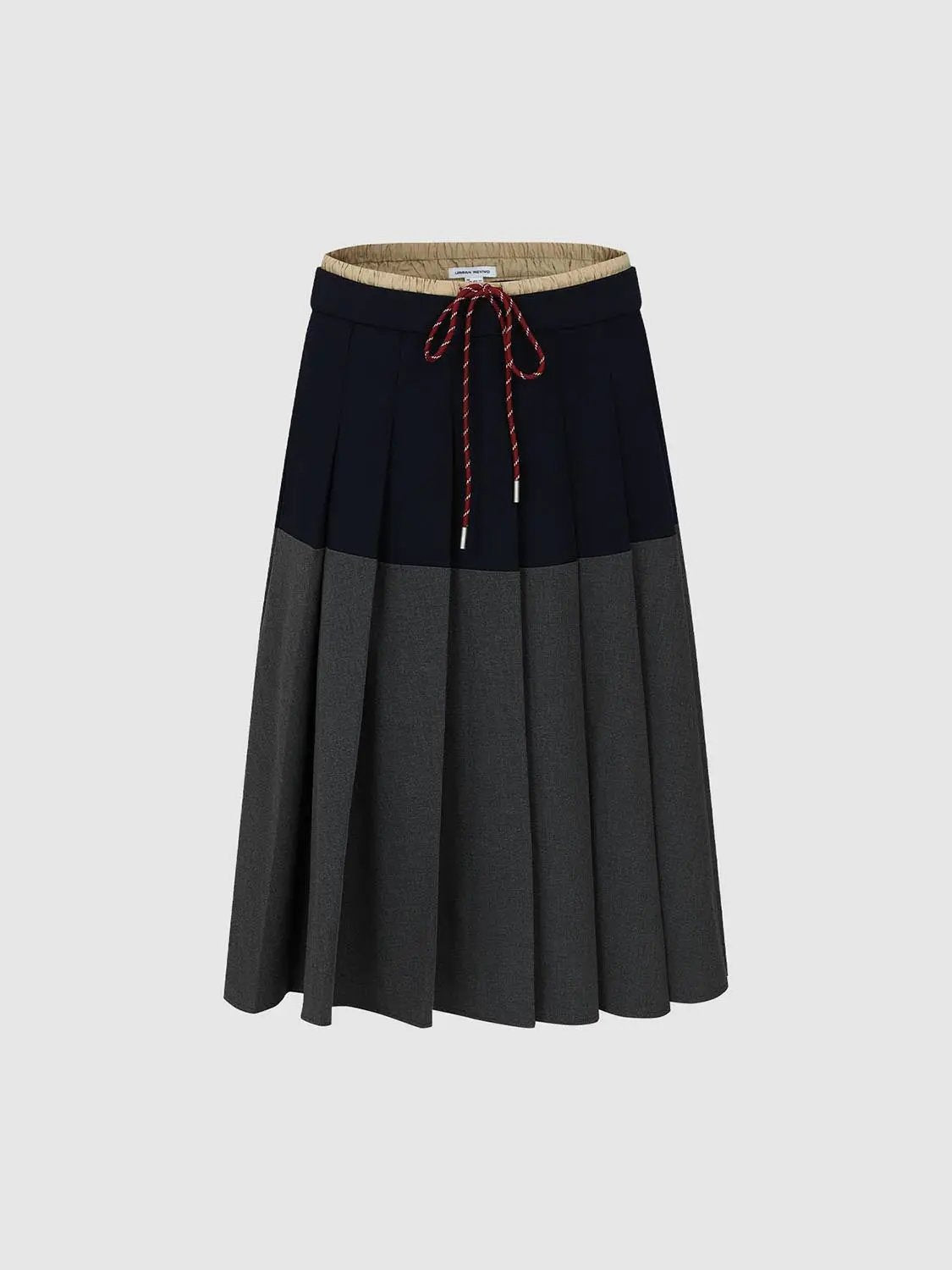Color Block Drawstring Waist Pleated A Line Midi Skirt