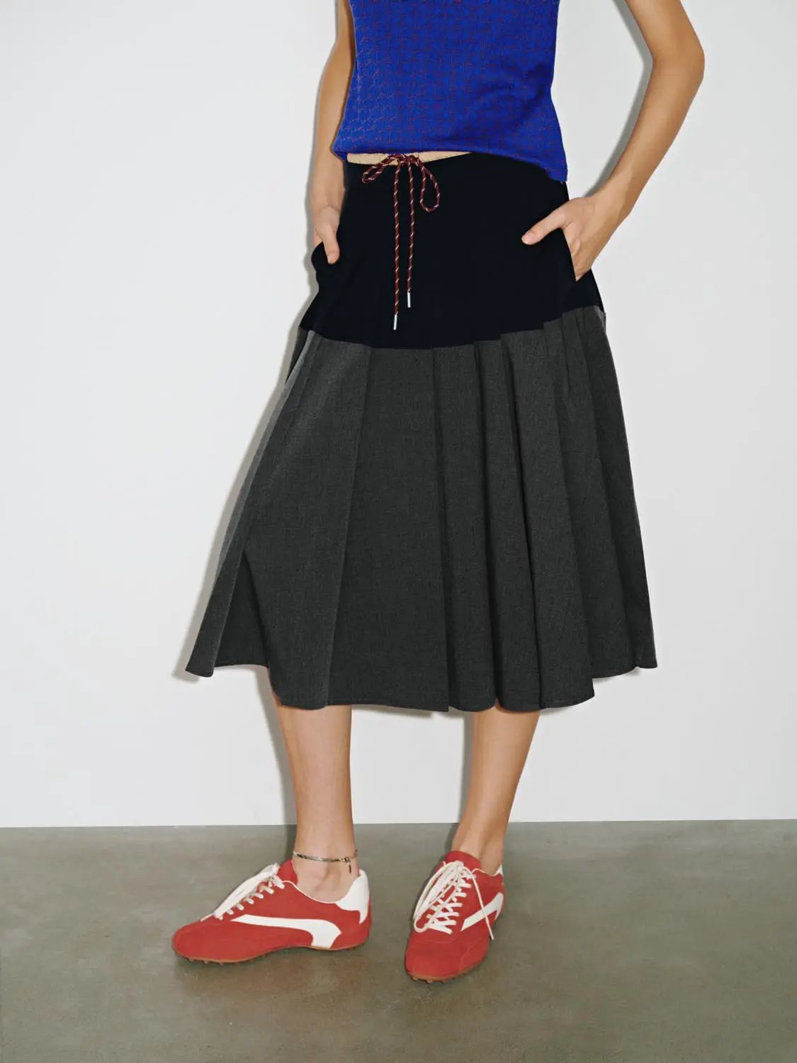 Color Block Drawstring Waist Pleated A Line Midi Skirt