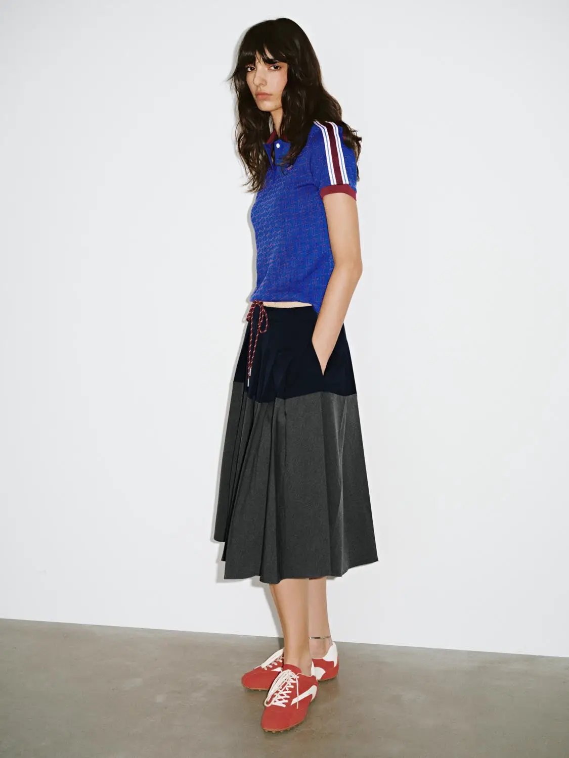 Color Block Drawstring Waist Pleated A Line Midi Skirt