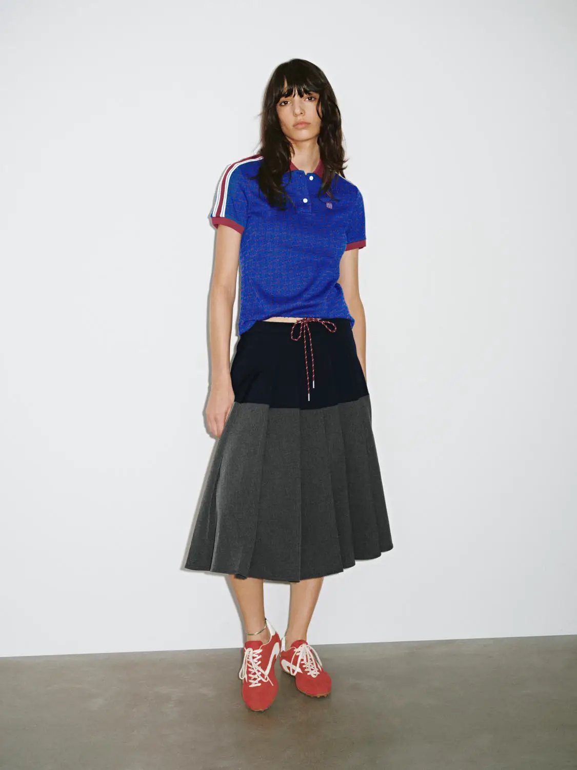 Color Block Drawstring Waist Pleated A Line Midi Skirt