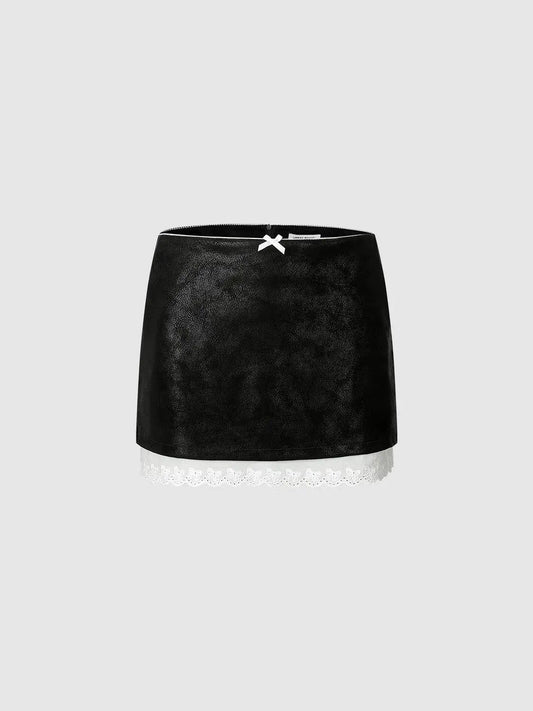 High Waist Bow Applique Lace Trim Mini Skirt