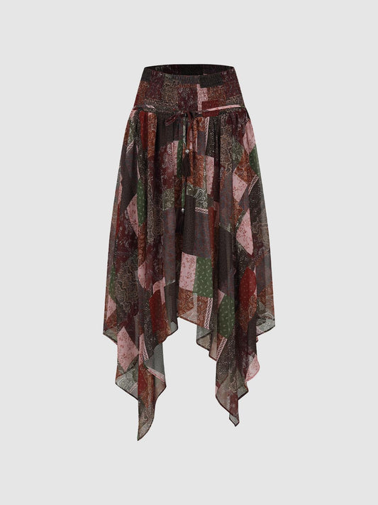 High Waist Patchwork Print Irregular Hem A Line Midi Skirt
