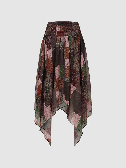 High Waist Patchwork Print Irregular Hem A Line Midi Skirt