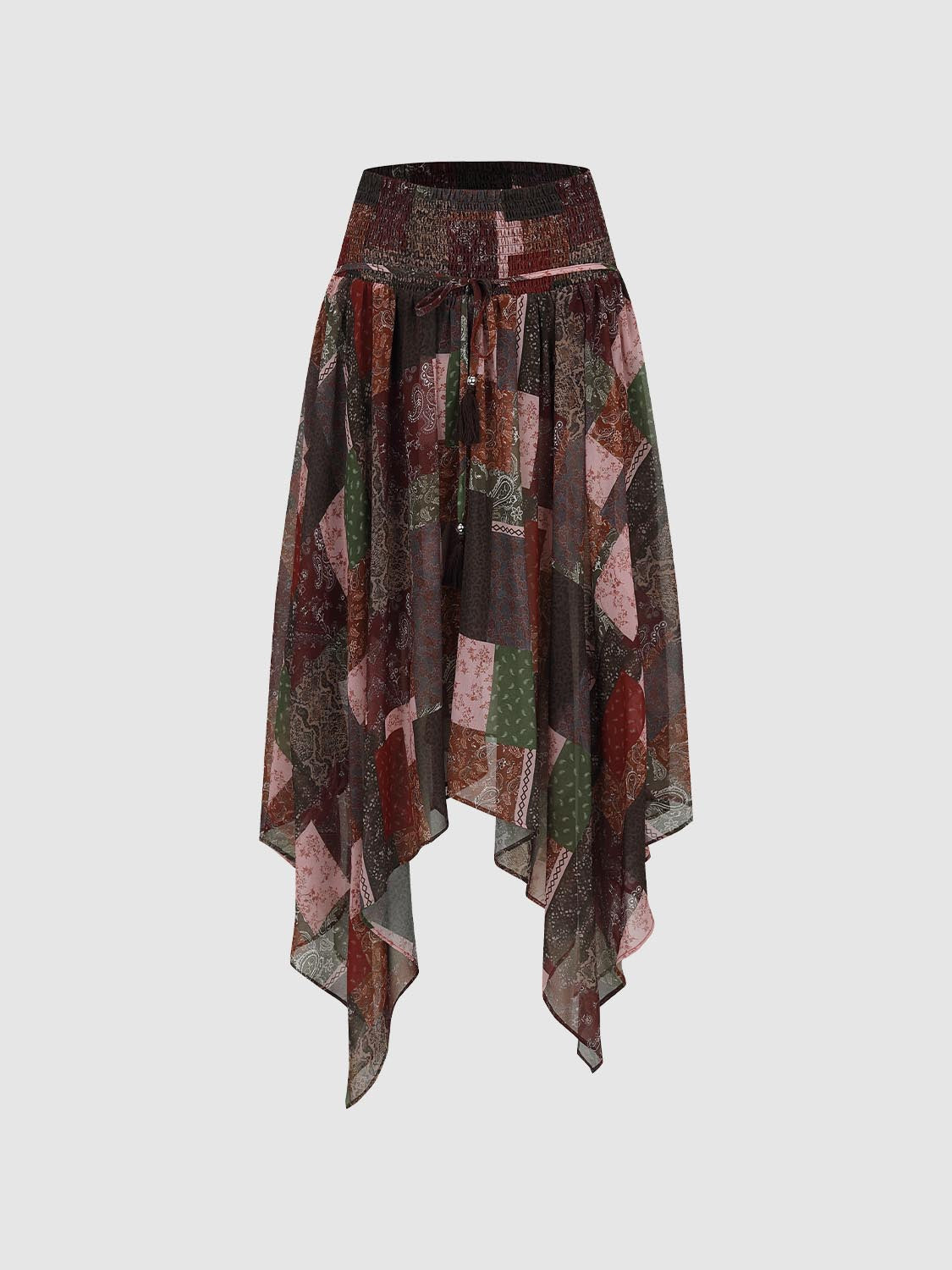 High Waist Patchwork Print Irregular Hem A Line Midi Skirt