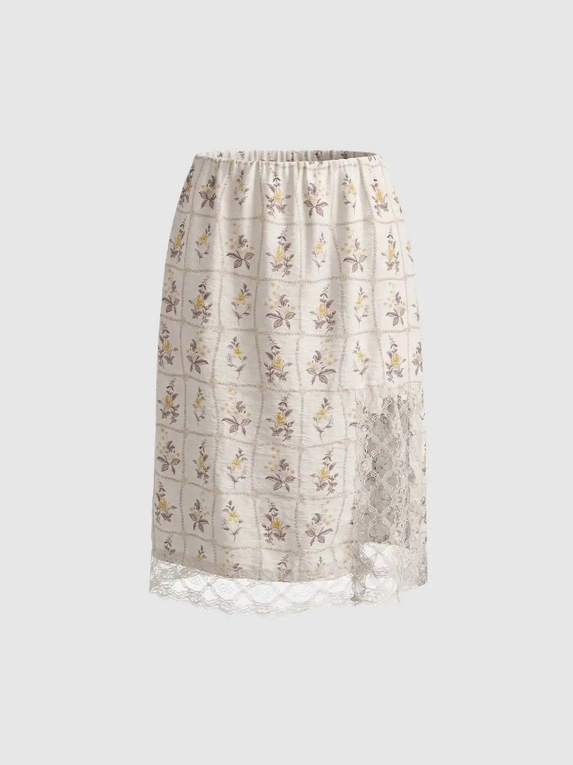 Lace Trim Floral Print Side Slit A-Line Midi Skirt