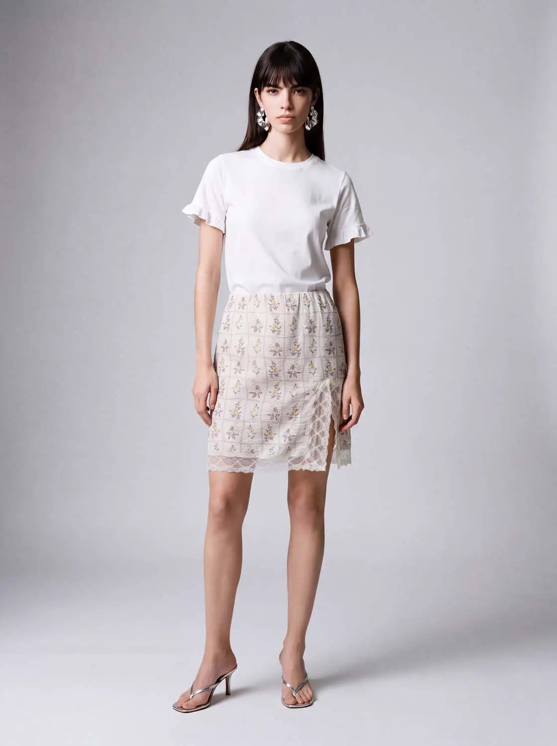 Lace Trim Floral Print Side Slit A-Line Midi Skirt
