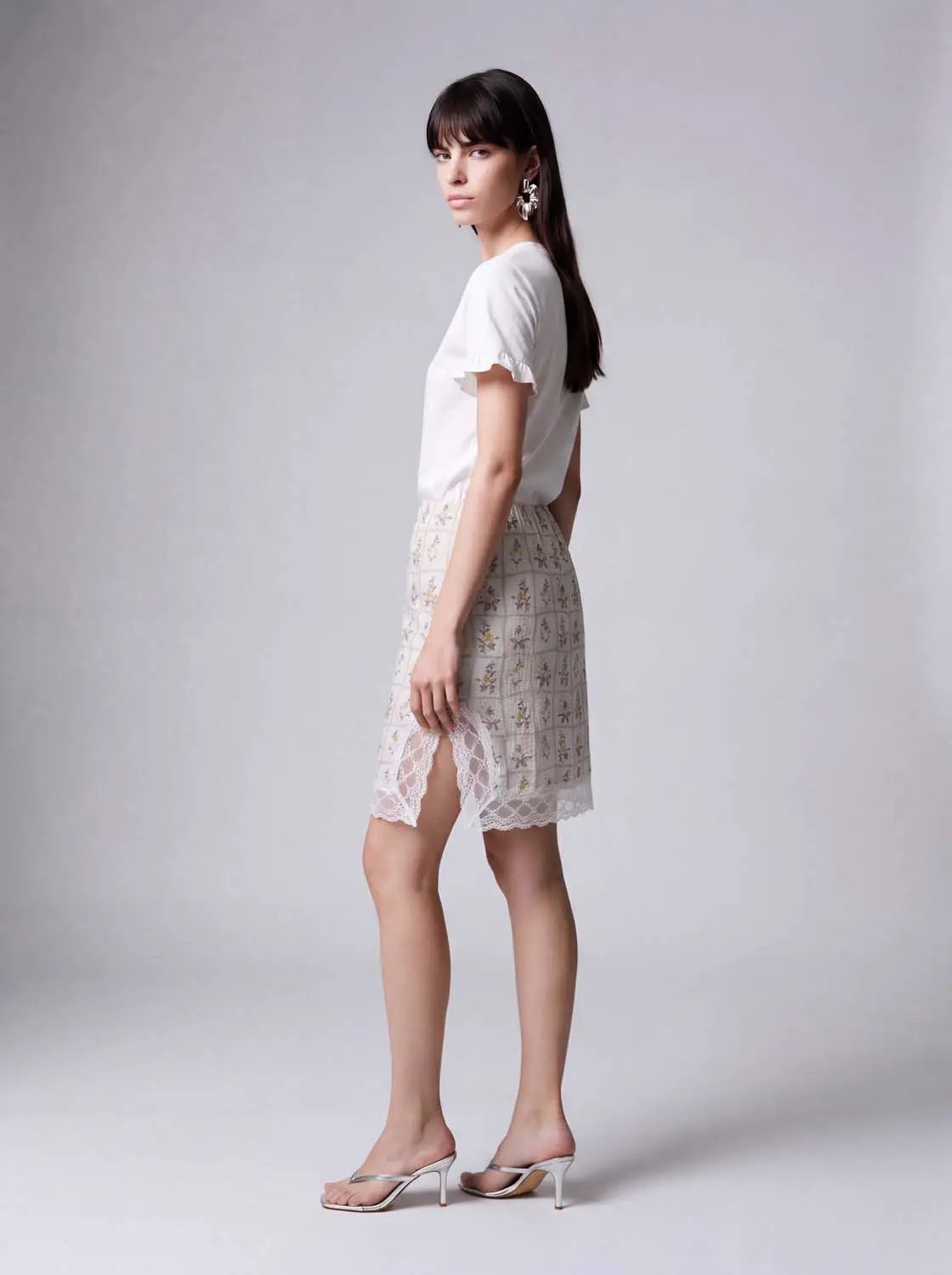 Lace Trim Floral Print Side Slit A-Line Midi Skirt