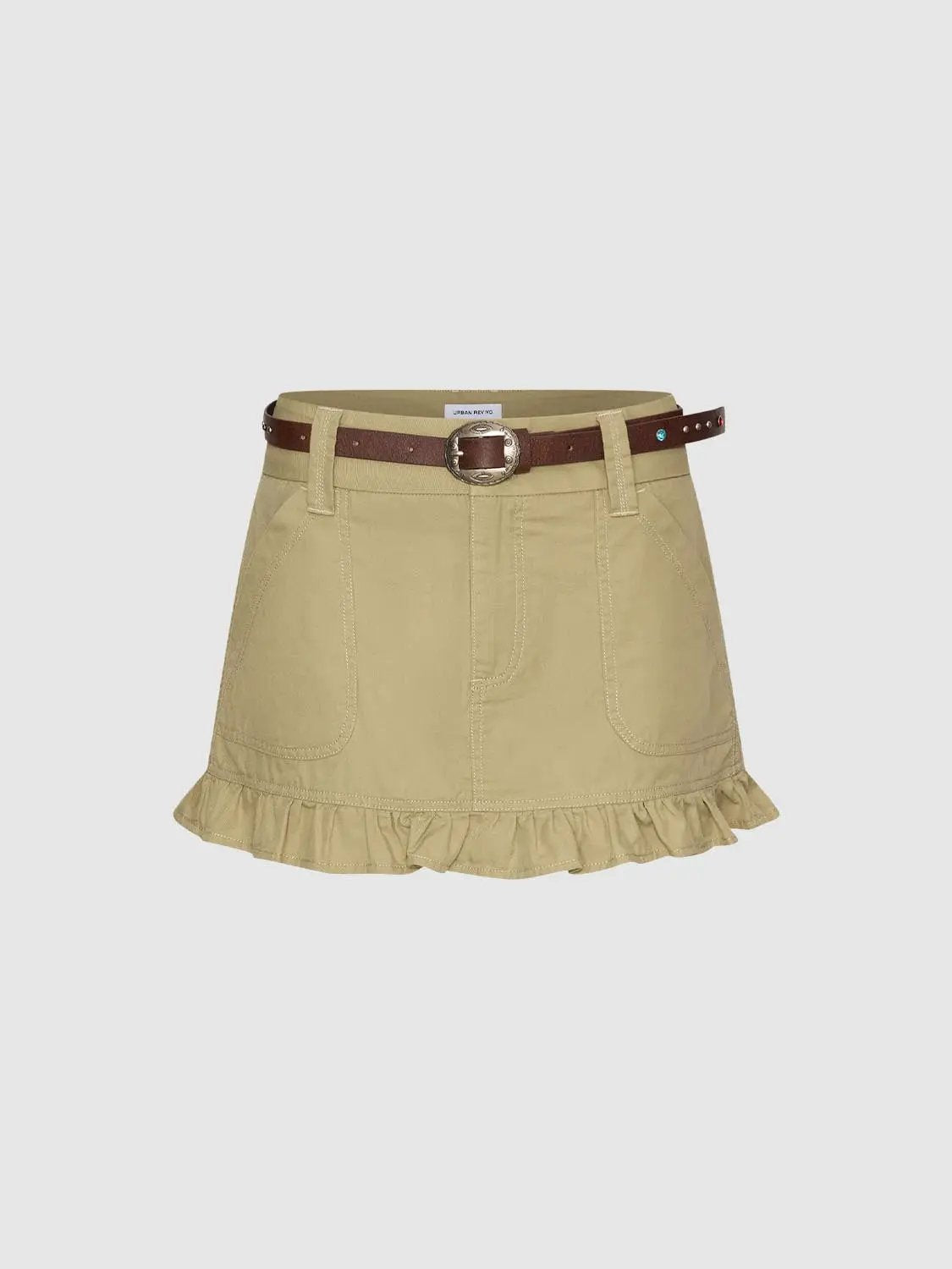 Ruffle Hem Cotton Blend Belted A-Line Mini Skirt