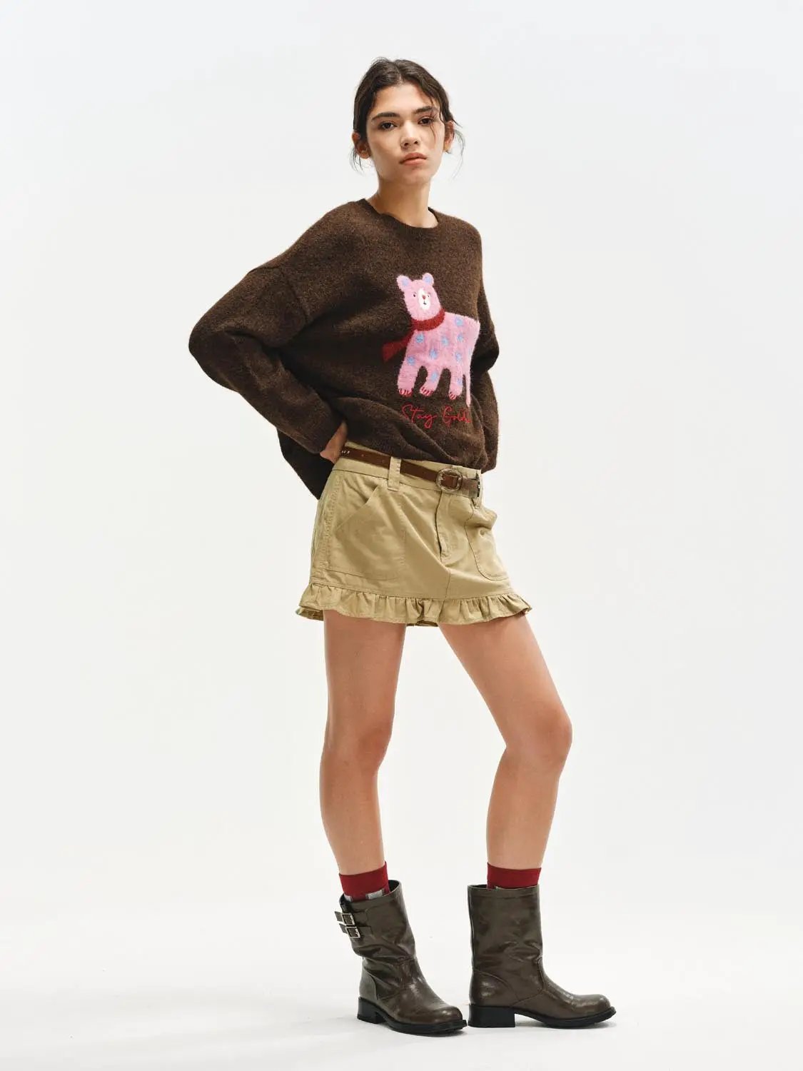 Ruffle Hem Cotton Blend Belted A-Line Mini Skirt
