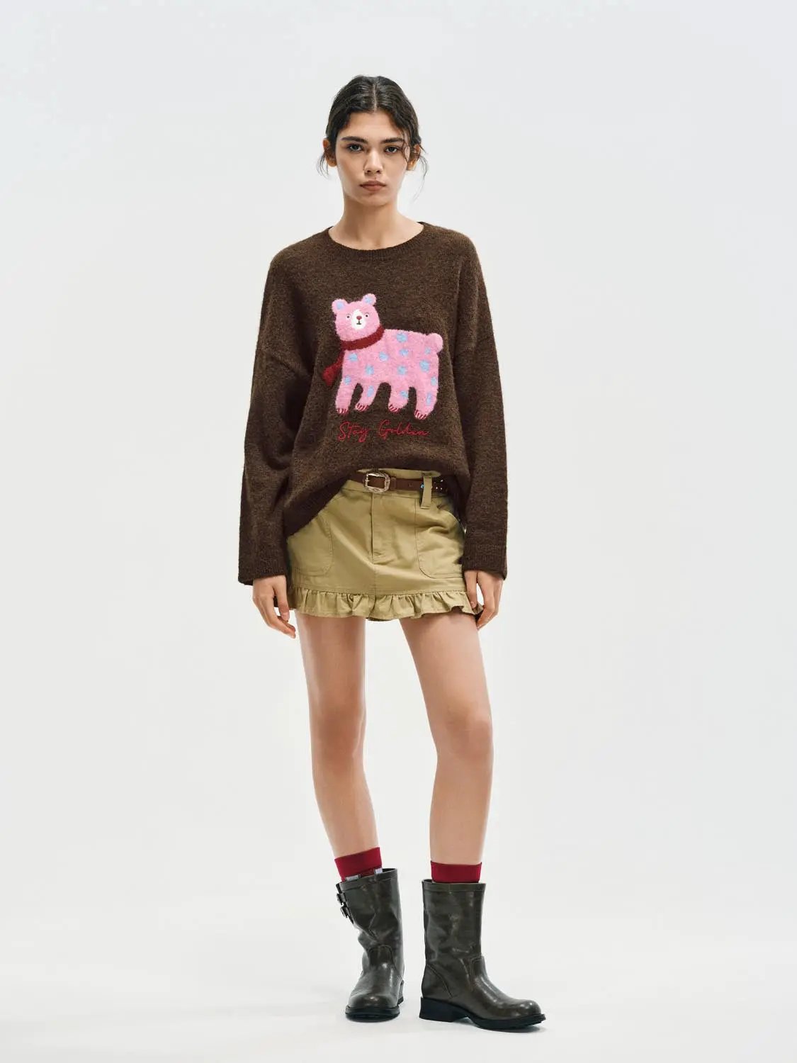 Ruffle Hem Cotton Blend Belted A-Line Mini Skirt