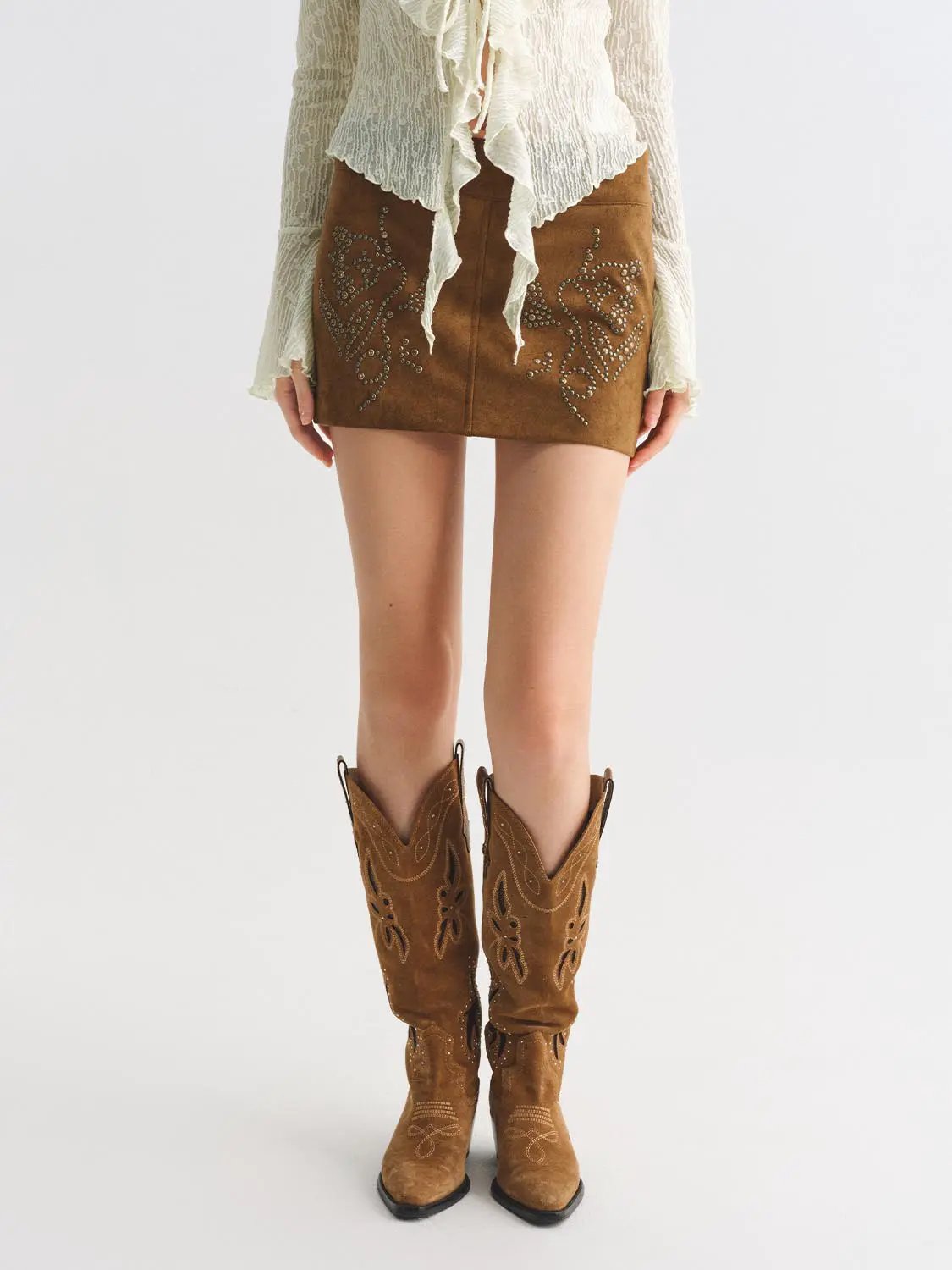 Studded Floral A-Line High-Waisted Mini Textured Skirt