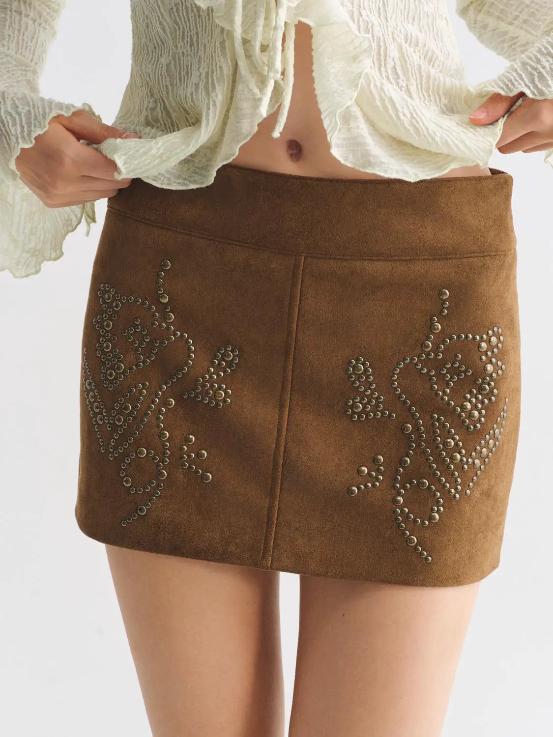 Studded Floral A-Line High-Waisted Mini Textured Skirt