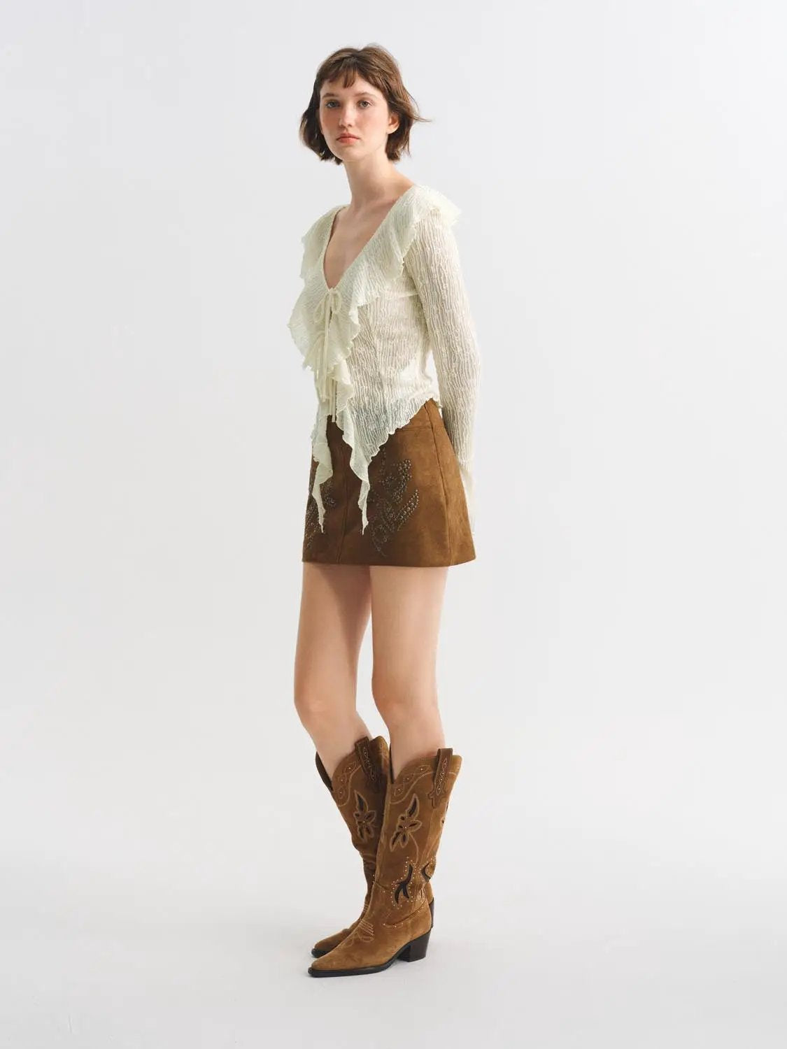 Studded Floral A-Line High-Waisted Mini Textured Skirt