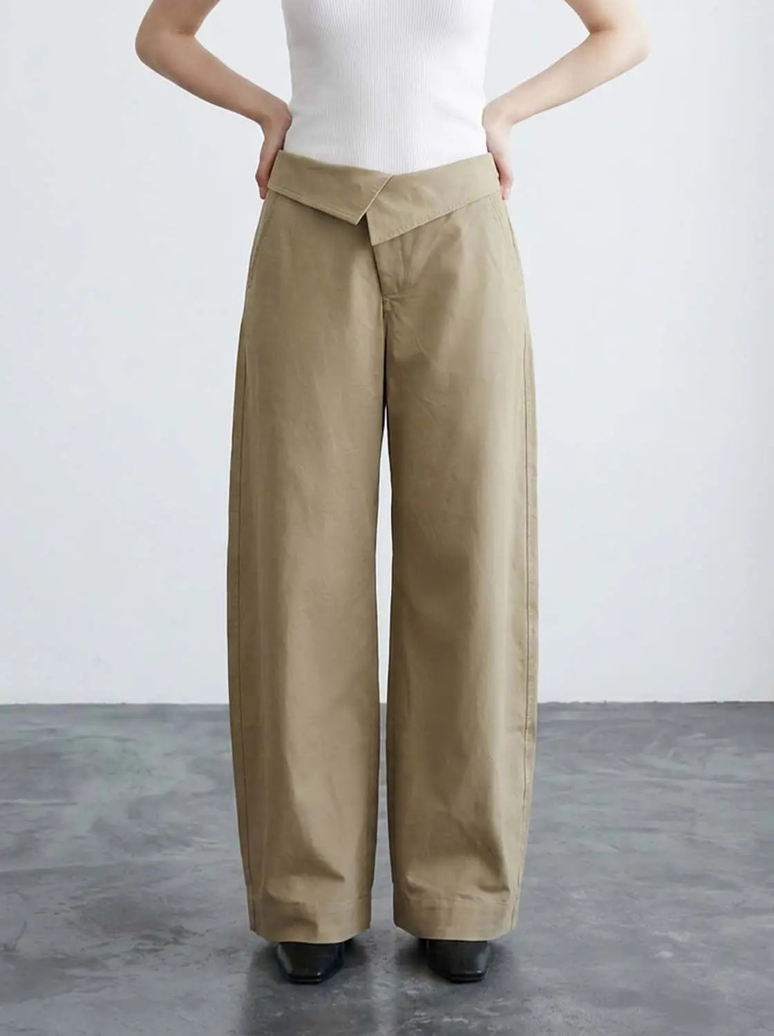 Twill Fold Over Waistband Barrel Leg Cotton Pants