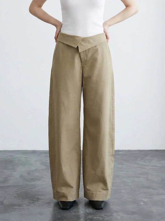 Twill Fold Over Waistband Barrel Leg Cotton Pants