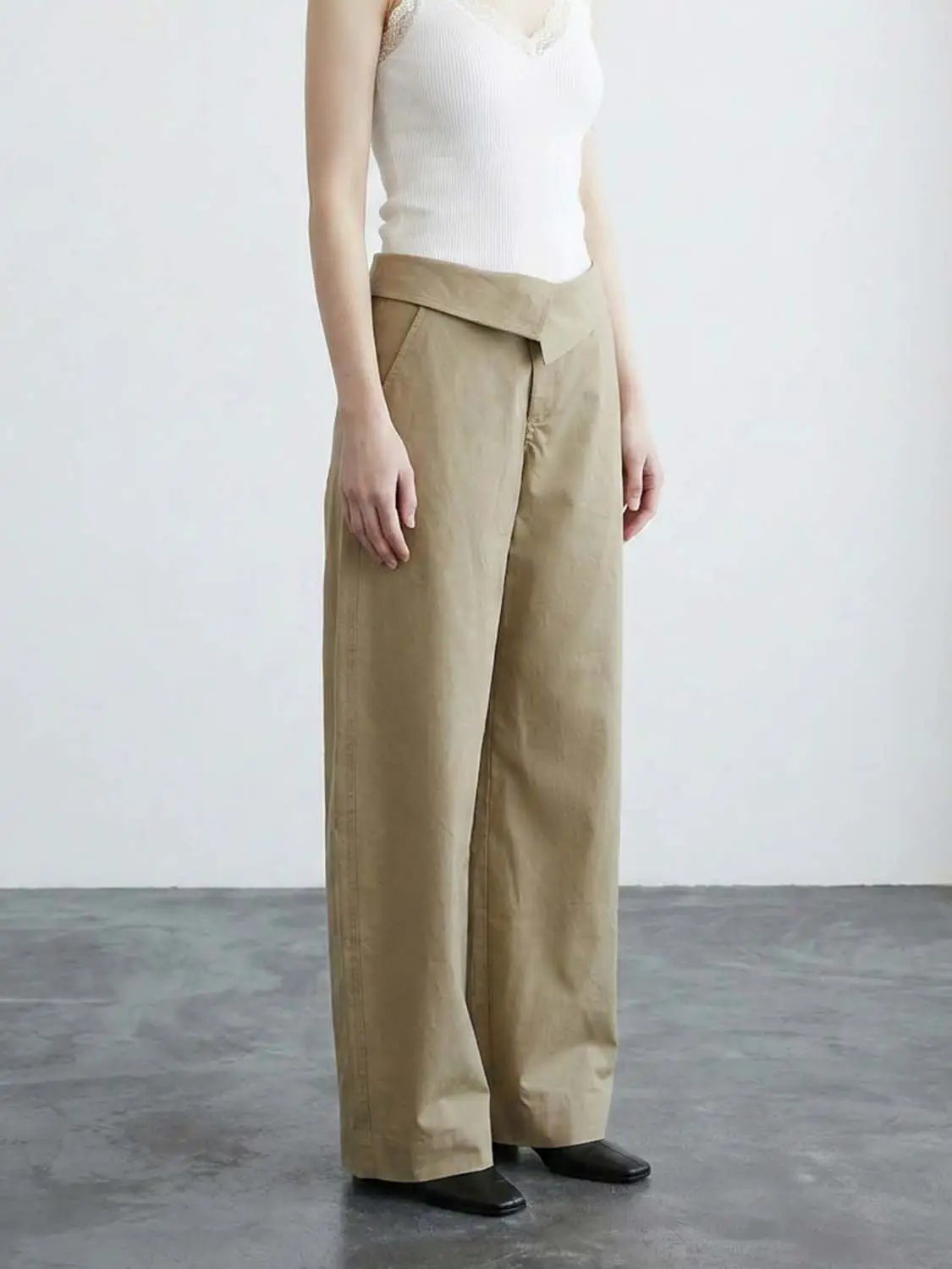 Twill Fold Over Waistband Barrel Leg Cotton Pants