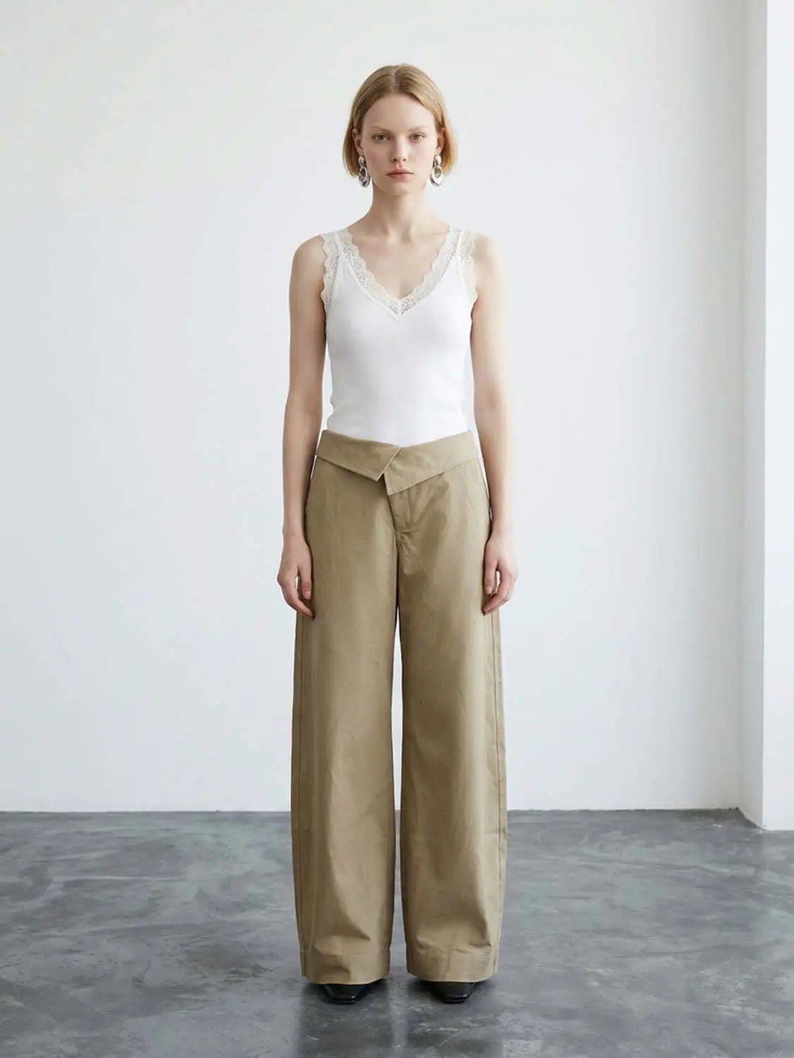 Twill Fold Over Waistband Barrel Leg Cotton Pants