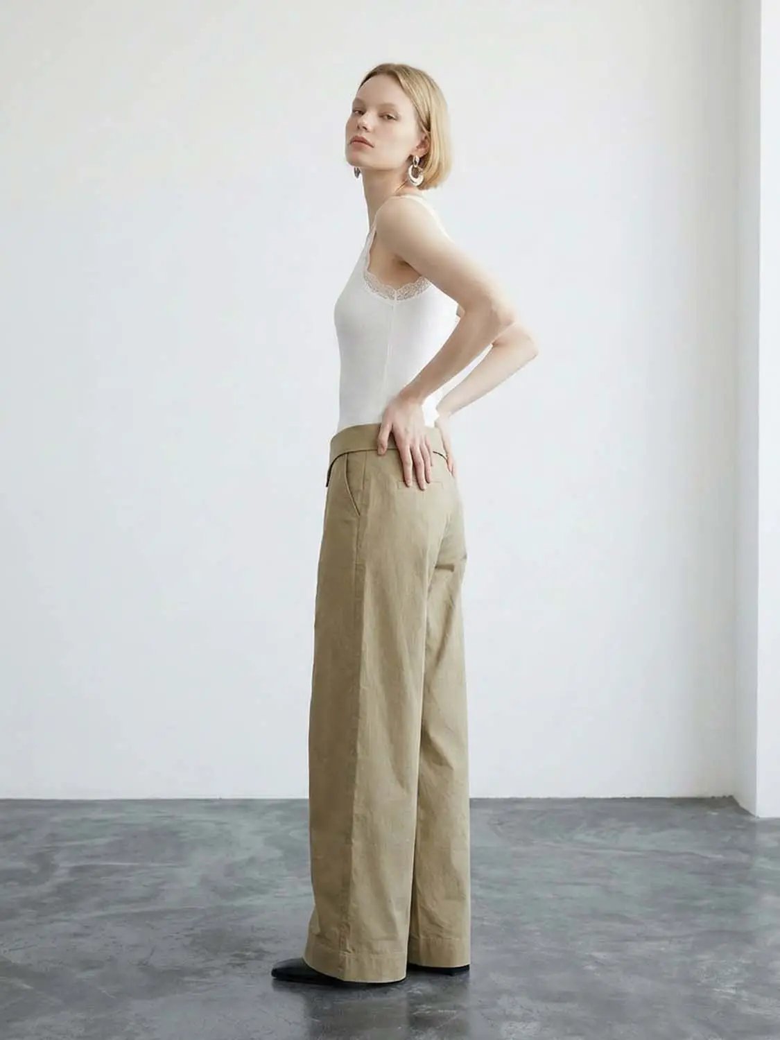 Twill Fold Over Waistband Barrel Leg Cotton Pants
