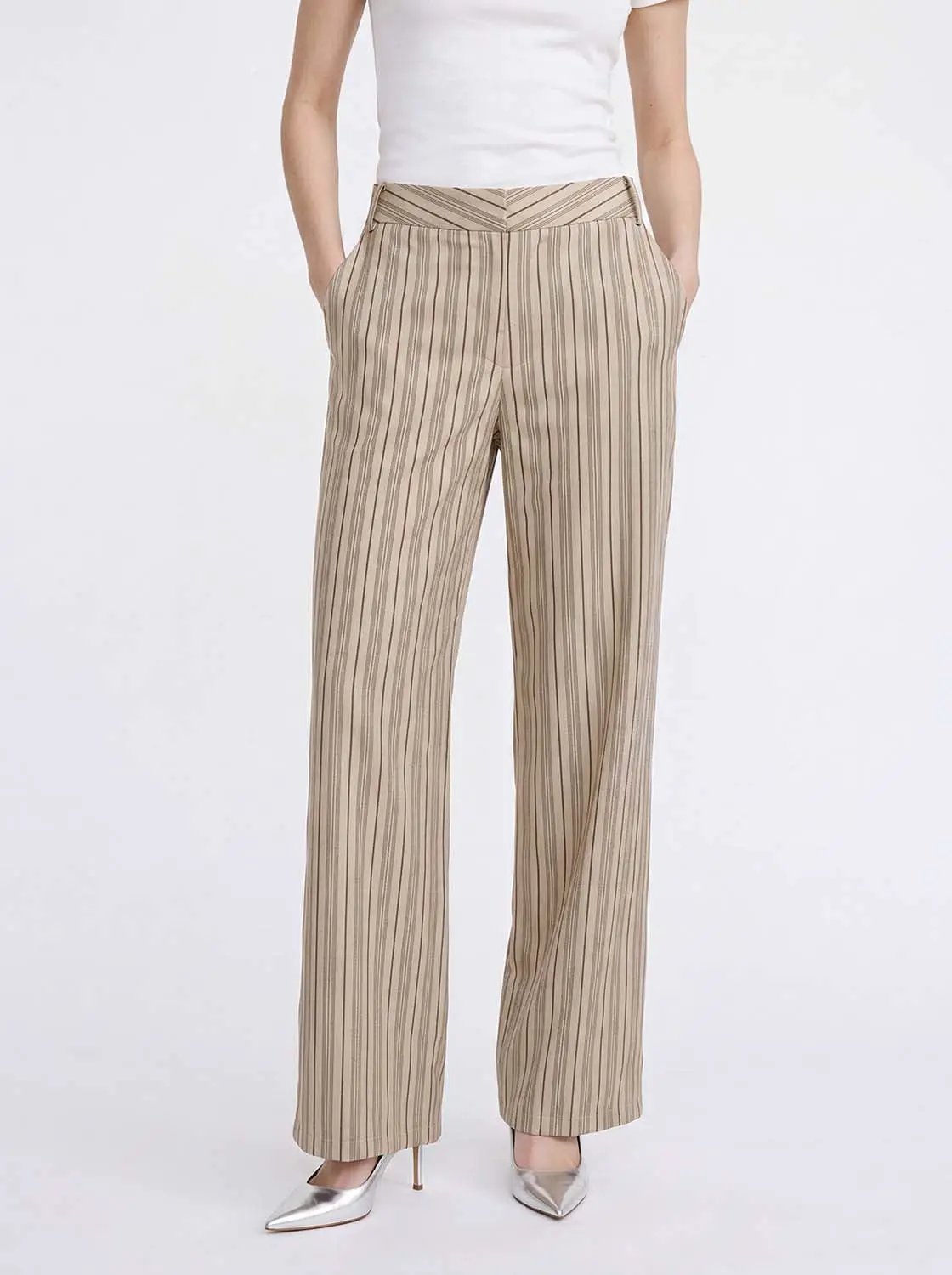 Textured Striped Beige Wide-leg Cotton Pants