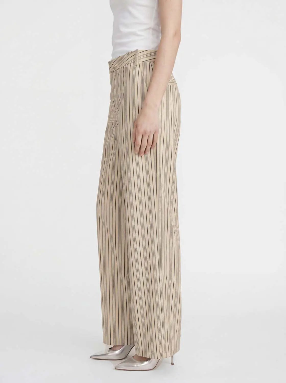 Textured Striped Beige Wide-leg Cotton Pants