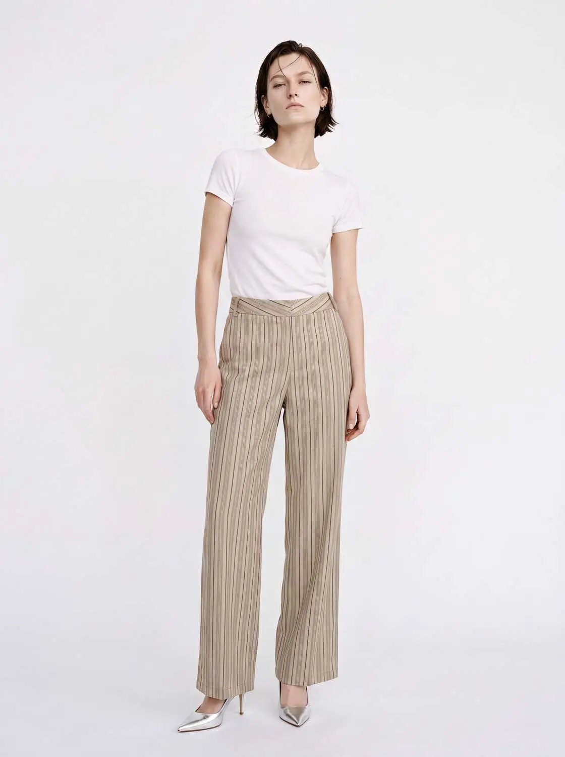 Textured Striped Beige Wide-leg Cotton Pants