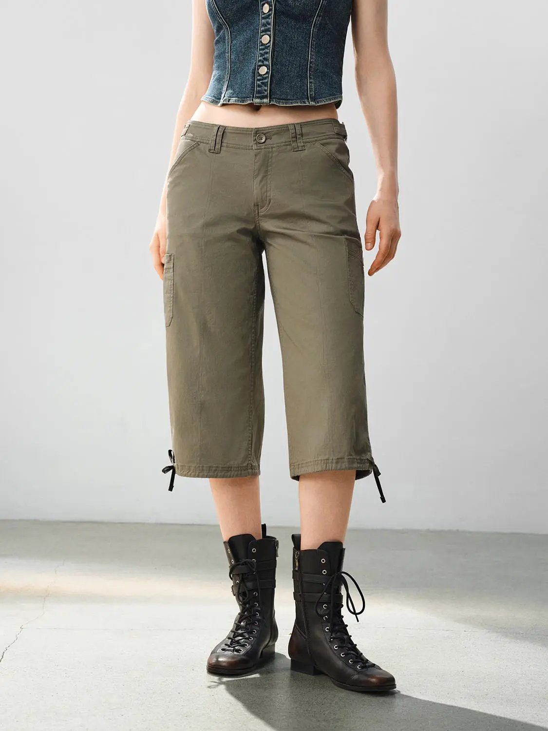 Cotton Wide-leg Cargo Pants Button Front Tie Hem