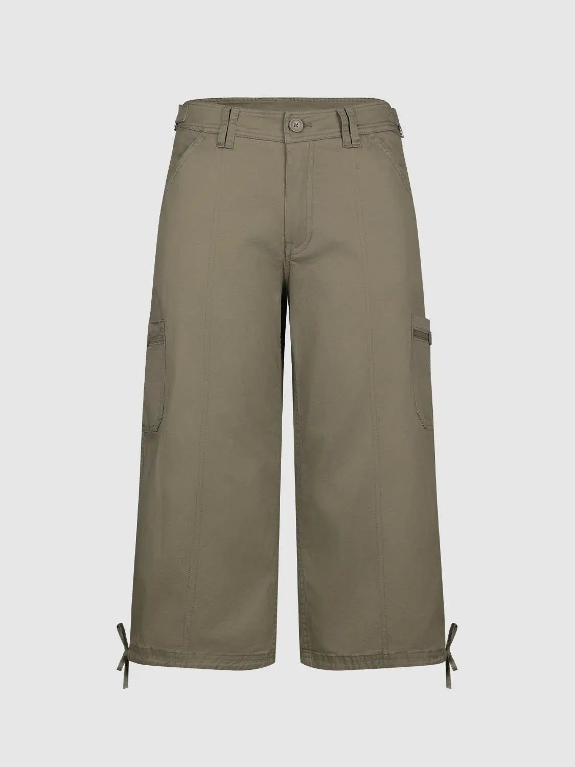 Cotton Wide-leg Cargo Pants Button Front Tie Hem