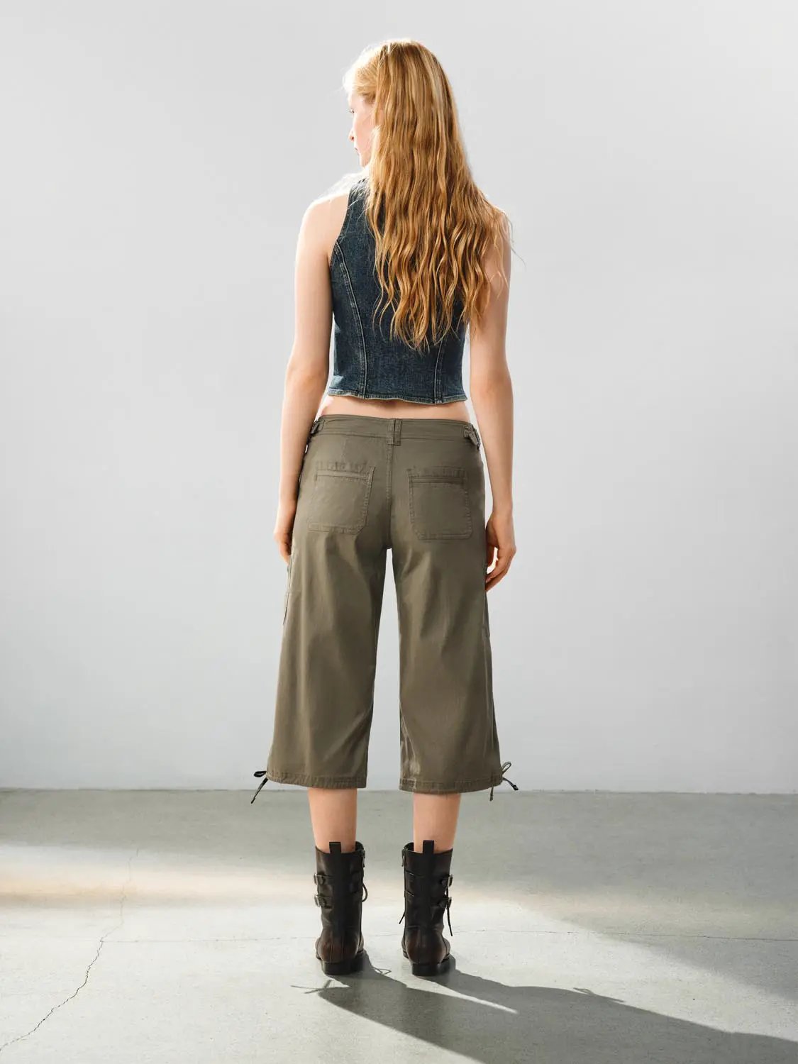 Cotton Wide-leg Cargo Pants Button Front Tie Hem