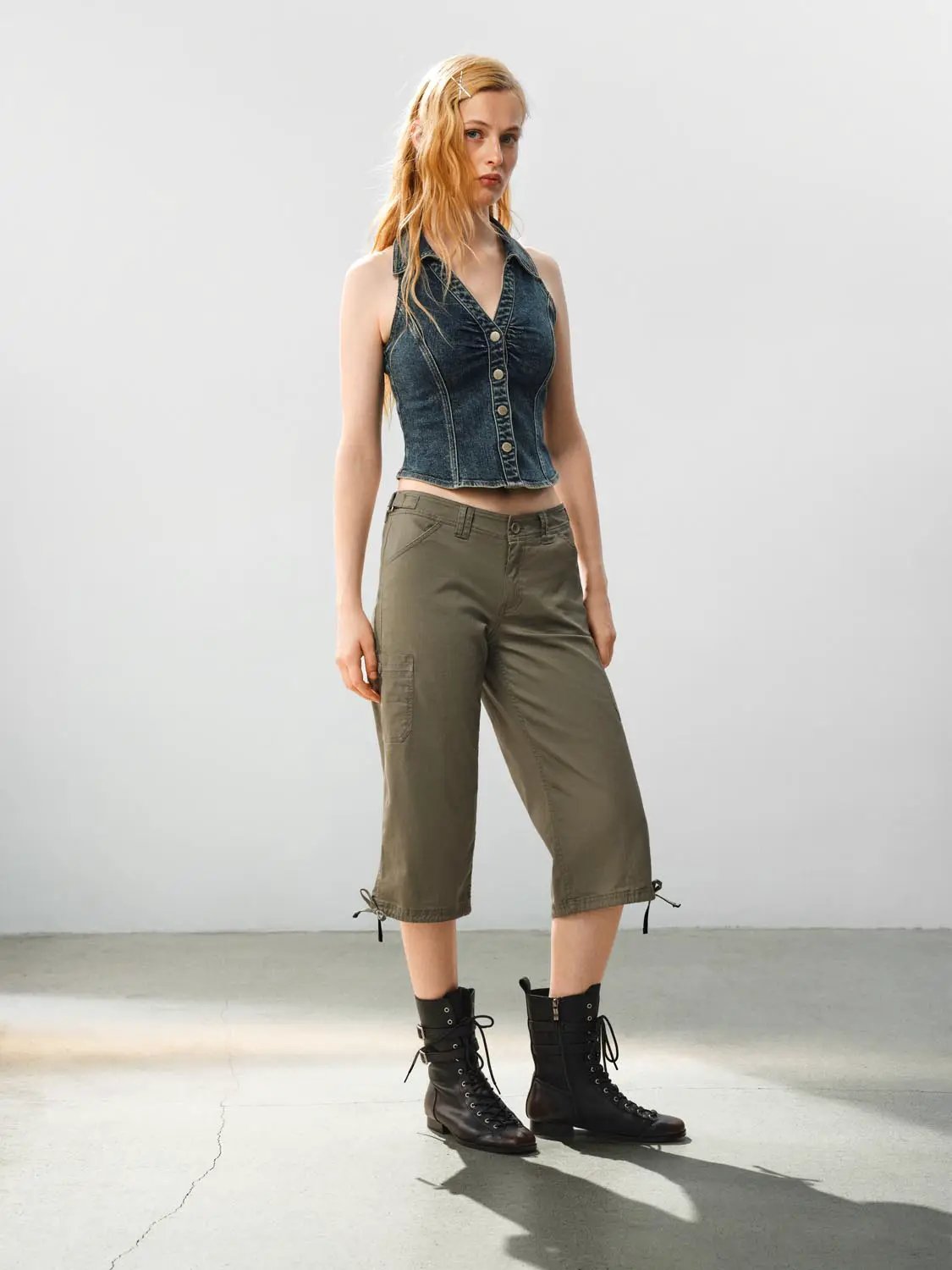 Cotton Wide-leg Cargo Pants Button Front Tie Hem