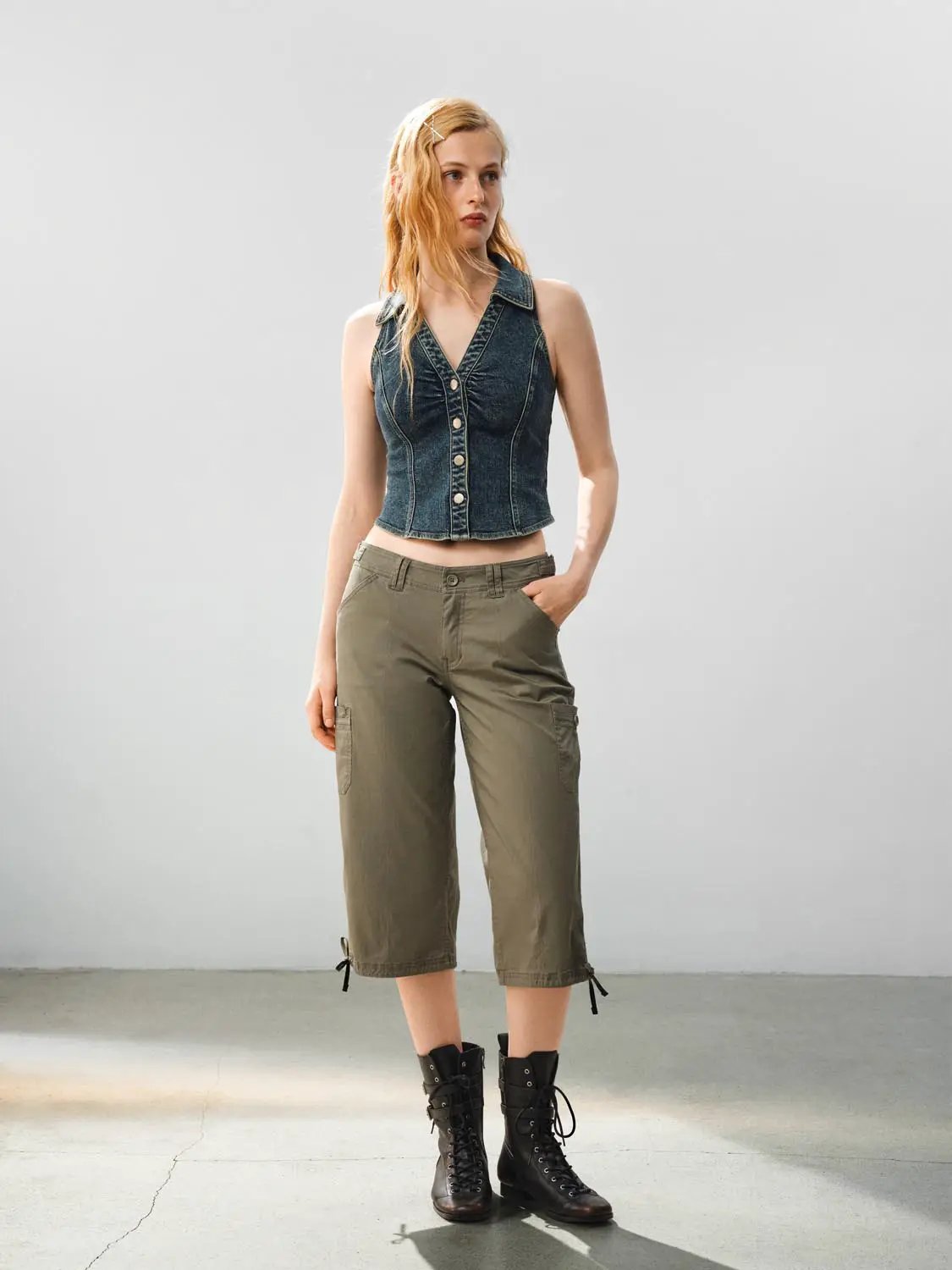 Cotton Wide-leg Cargo Pants Button Front Tie Hem