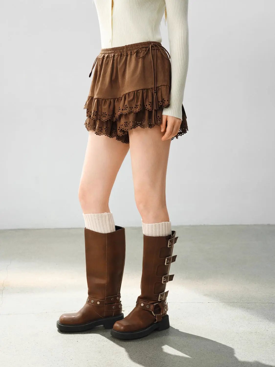 Layered Eyelet Ruffle Drawstring Waist Mini Skort