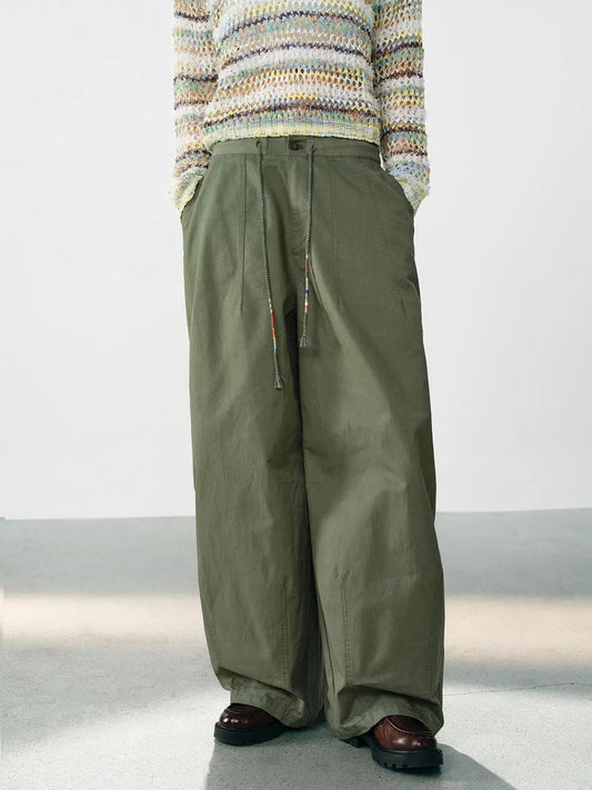 Drawstring Cotton Relaxed Wide-leg Cargo Pants